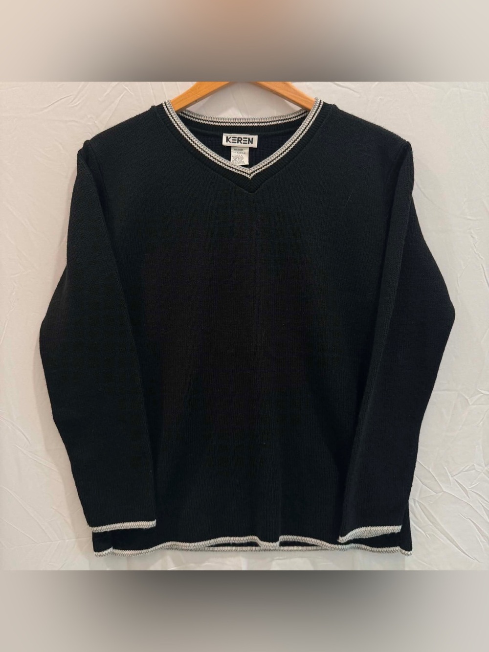 Women's Black V-Neck Sweater with White Contrast Trim